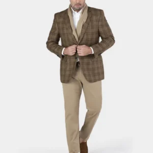 Blazer de Lã Seda e Linho Quadrado Castanho