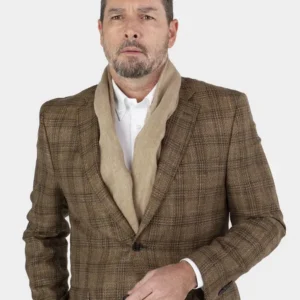 Blazer de Lã Seda e Linho Quadrado Castanho